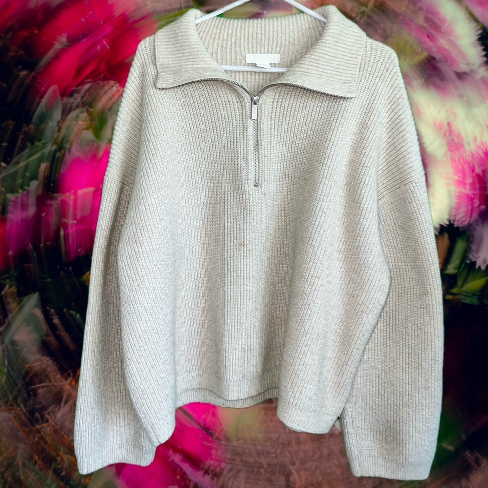 Zip Mock Neck Knit Pullover - Light Beige